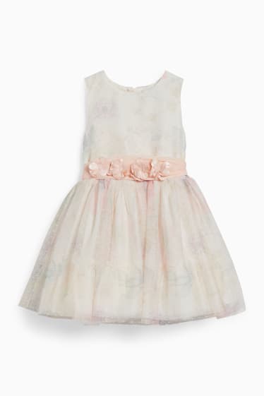 Dětské - Šaty s páskem - slavnostní - s květinovým vzorem - krémově bílá
