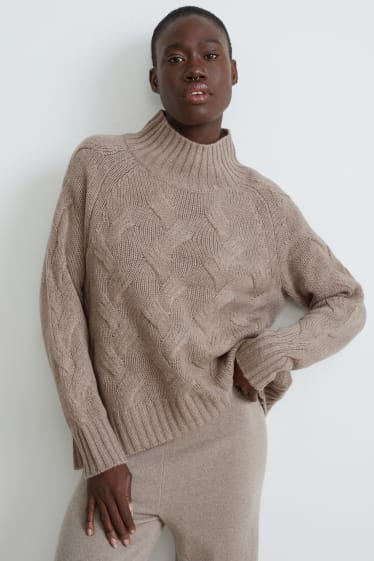 Damen - Kaschmir-Pullover - Zopfmuster - taupe