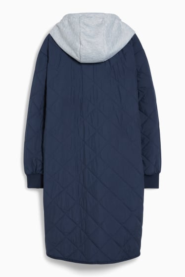 Women - Quilted coat with hood - dark blue
