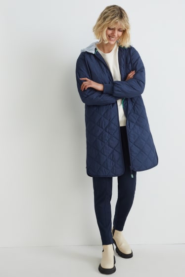 Women - Quilted coat with hood - dark blue