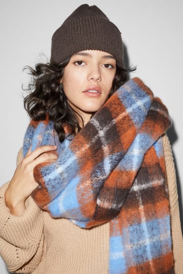 Women - CLOCKHOUSE - fringed scarf - check - brown / dark blue