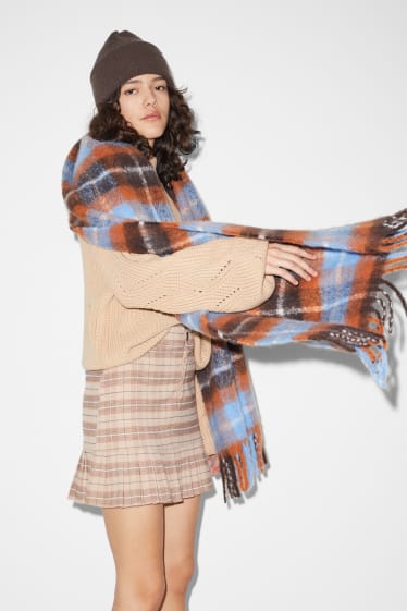 Women - CLOCKHOUSE - fringed scarf - check - brown / dark blue