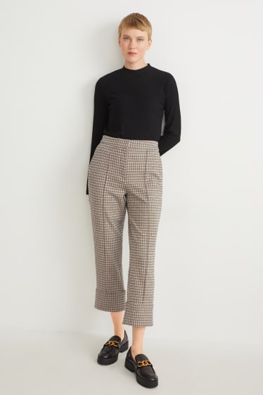 Dámské - Plátěné kalhoty - mid waist - tapered fit - kostkované - béžová