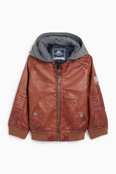 Children - Biker jacket with hood - faux leather - brown