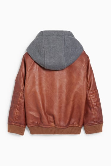 Children - Biker jacket with hood - faux leather - brown