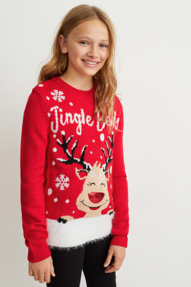 Dzieci - Zestaw - sweter i opaska ma włosy w bożonarodzeniowym stylu - 2 części - czerwony