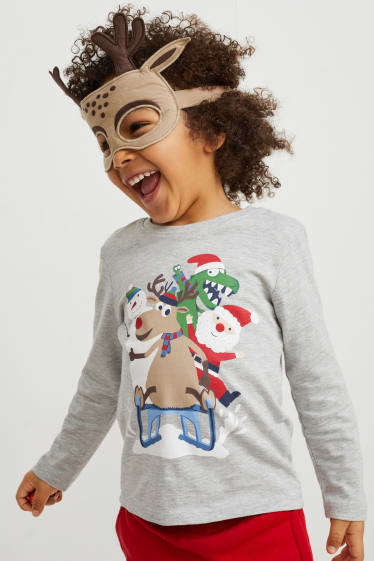 Kinder - Set - Weihnachts-Langarmshirt und -Maske - 2 teilig - hellgrau-melange