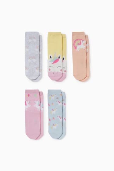 Enfants filles - Lot de 5 paires - licorne - chaussettes à motif - orange / bleu clair