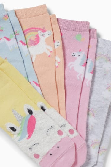 Enfants filles - Lot de 5 paires - licorne - chaussettes à motif - orange / bleu clair