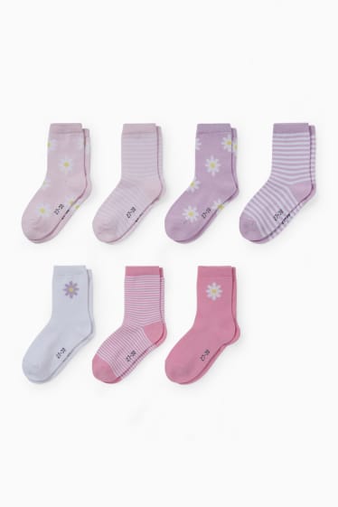 Enfants filles - Lot de 7 paires - fleurs et rayures - chaussettes à motif - rose
