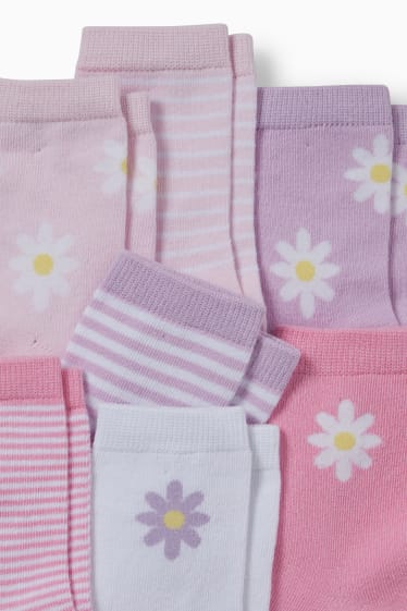 Enfants filles - Lot de 7 paires - fleurs et rayures - chaussettes à motif - rose