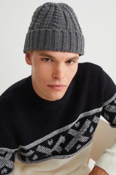 Hommes - Bonnet en maille - motif tressé - gris foncé