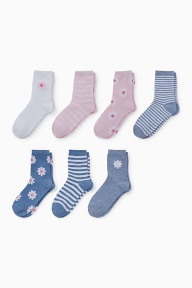Kinderen - Set van 7 paar - bloemen en strepen - sokken met motief - blauw