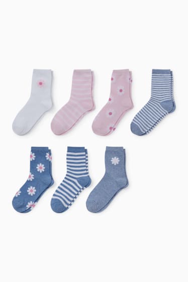 Kinder Mädchen - Multipack 7er - Blumen und Streifen - Socken mit Motiv - blau
