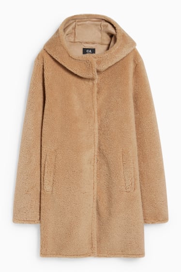 Women - Faux fur coat with hood - light brown