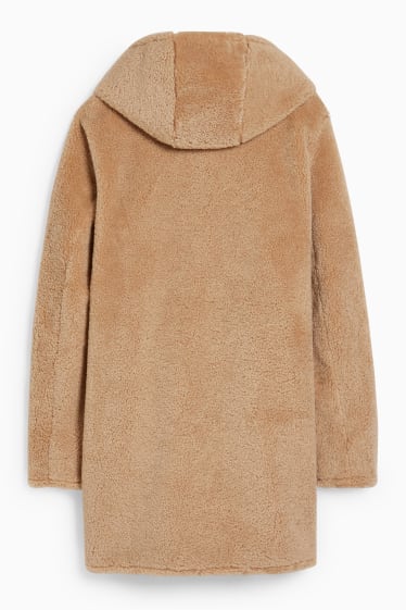 Women - Faux fur coat with hood - light brown