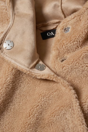 Women - Faux fur coat with hood - light brown