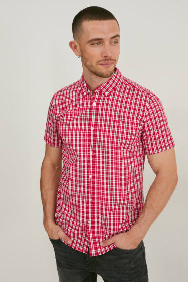 Heren - MUSTANG - overhemd - slim fit - button down - geruit - wit / rood