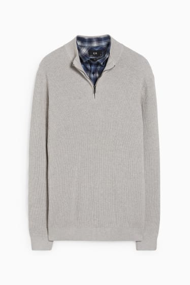 Herren - Pullover und Hemd - Regular Fit - Button-down - blau  / grau