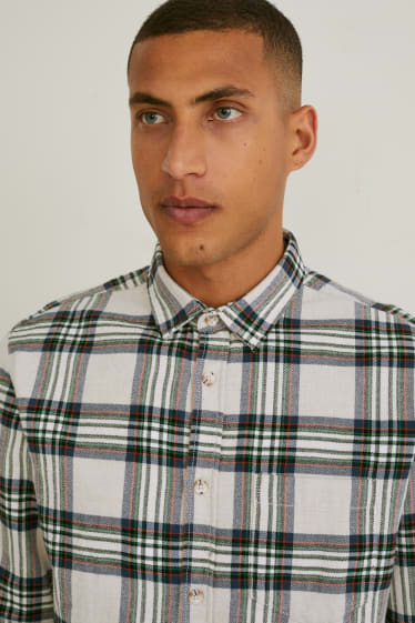 Men - Flannel shirt - regular fit - kent collar - check - brown / cremewhite