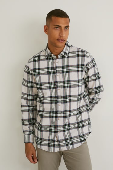 Men - Flannel shirt - regular fit - kent collar - check - brown / cremewhite