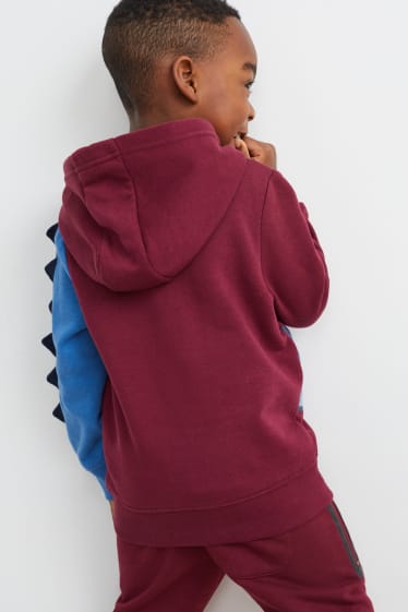 Dětské - Multipack 2 ks - motiv dinosaura - mikina s kapucí a tričko s dlouhým rukávem - bordeaux