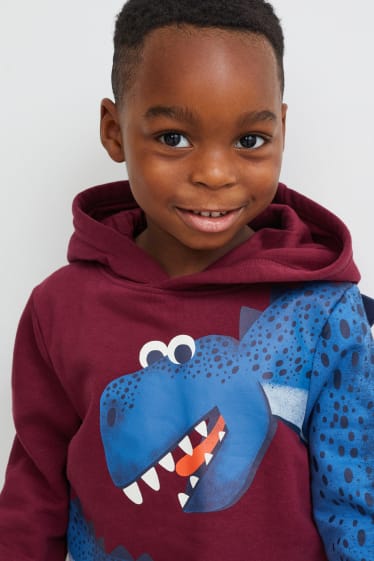 Dětské - Multipack 2 ks - motiv dinosaura - mikina s kapucí a tričko s dlouhým rukávem - bordeaux
