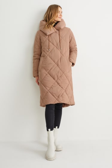 Women - Quilted coat with hood - recycled - gray-brown