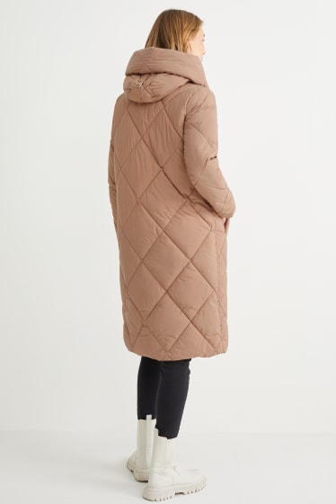 Women - Quilted coat with hood - recycled - gray-brown