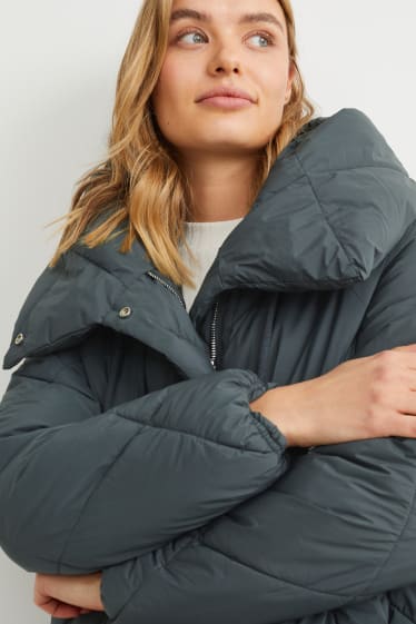 Damen - Steppjacke mit Kapuze - grau