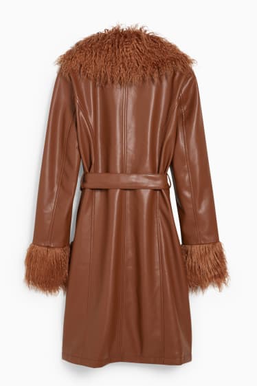 Women - CLOCKHOUSE - coat with faux fur trim - faux leather - brown