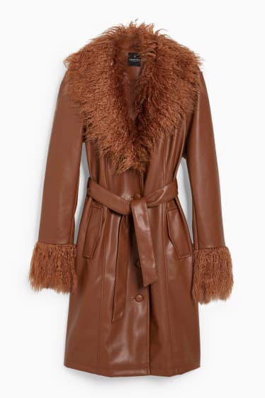 Women - CLOCKHOUSE - coat with faux fur trim - faux leather - brown