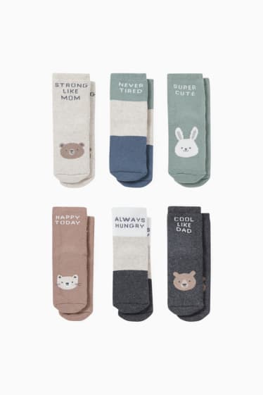 Babys - Set van 6 paar - tekst en dieren - babysokken met motief - licht beige