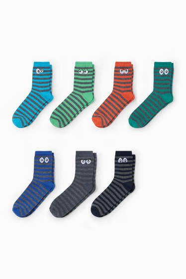 Enfants - Lot de 7 paires - yeux BD - chaussettes à motif - à rayures - gris