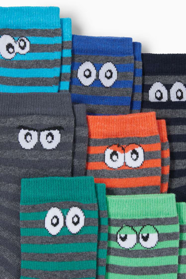 Enfants - Lot de 7 paires - yeux BD - chaussettes à motif - à rayures - gris
