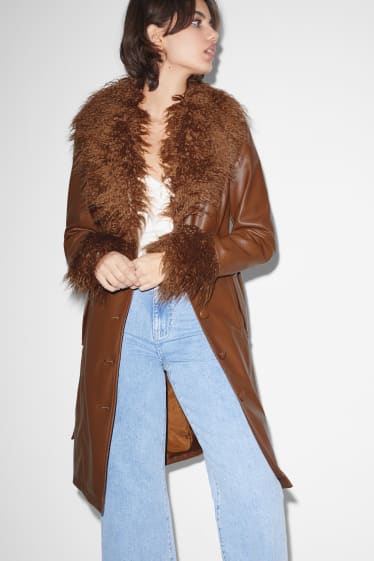 Women - CLOCKHOUSE - coat with faux fur trim - faux leather - brown