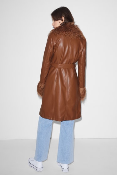 Women - CLOCKHOUSE - coat with faux fur trim - faux leather - brown