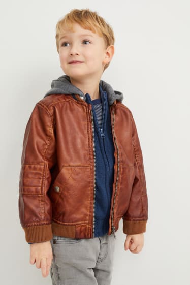 Dětské - Motorkářská bunda s kapucí - imitace kůže - hnědá