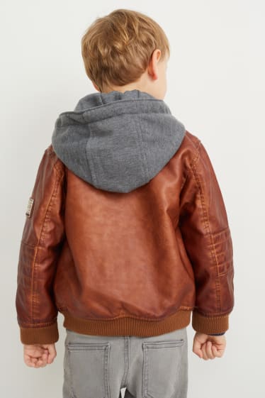 Children - Biker jacket with hood - faux leather - brown