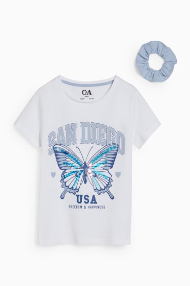 Kinder Mädchen - Set - Kurzarmshirt und Scrunchie - 2 teilig - weiss