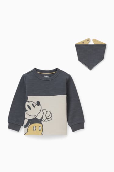 Bebeluși - băieți - Mickey Mouse - set - bluză de molton bebeluși și eșarfă triunghiulară reversibilă - gri