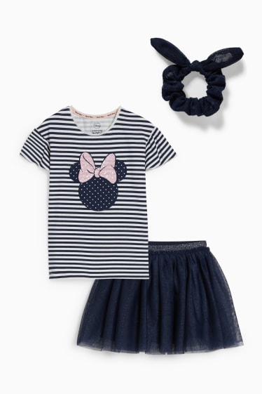 Enfants - Minnie Mouse - ensemble - haut à manches courtes, jupe et chouchou - bleu foncé / blanc