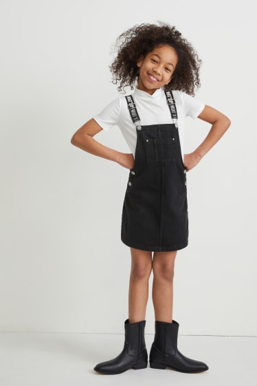 Children - Set - denim pinafore dress and short sleeve top - 2 piece - denim-dark gray