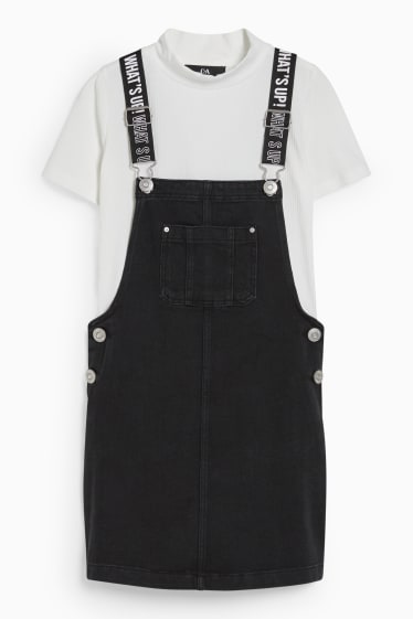 Children - Set - denim pinafore dress and short sleeve top - 2 piece - denim-dark gray