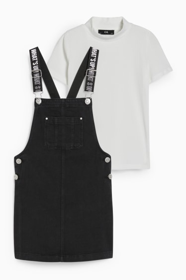 Children - Set - denim pinafore dress and short sleeve top - 2 piece - denim-dark gray