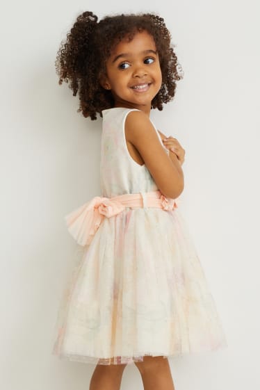 Kinder - Kleid mit Gürtel - festlich - geblümt - cremeweiß