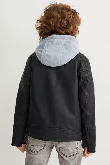 Enfants - Blouson motard à capuche - synthétique - noir