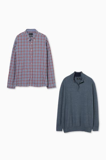 Men - Jumper and flannel shirt - regular fit - button-down collar - blue-melange