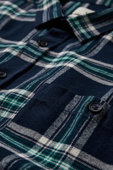 Heren - Flanellen overhemd - regular fit - kent - geruit - groen / donkerblauw