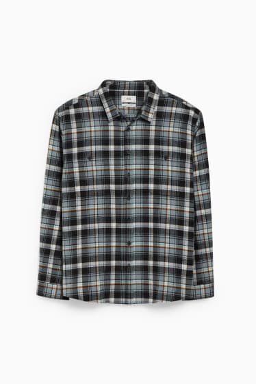 Men - Flannel shirt - regular fit - kent collar - check - turquoise / black